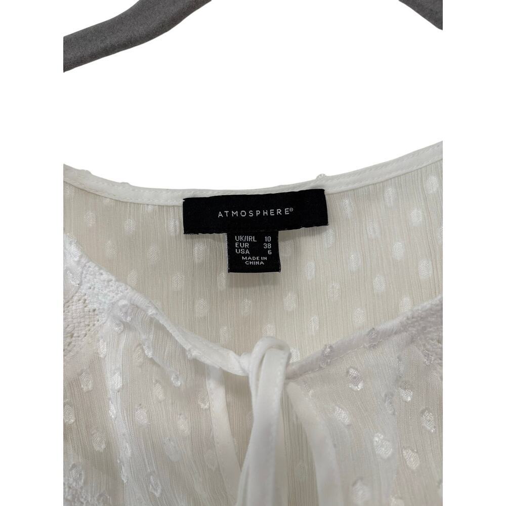 Atmosphere White Swiss Dot Peasant Blouse Lace Tie Neck Long Sleeve Size US 6 - Picture 5 of 7